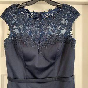 La Femme Navy Satin Lace Beaded Cocktail Midi Dress MOB Size 8